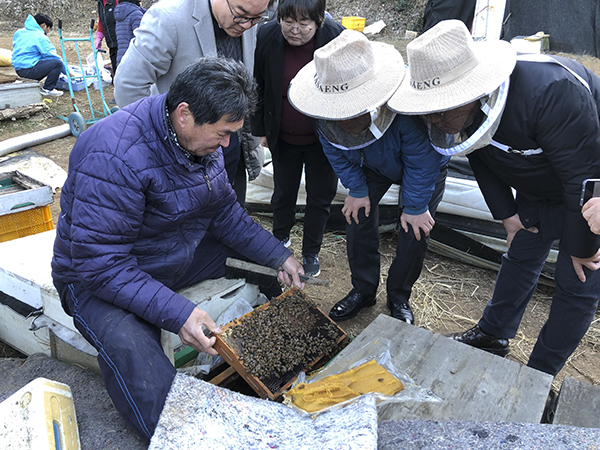 이승돈 국립농업과학원장(오른쪽)이 보성 양봉 협업농장을 찾아 꿀벌 관리 기술 적용 상황을 점검하고 있다.